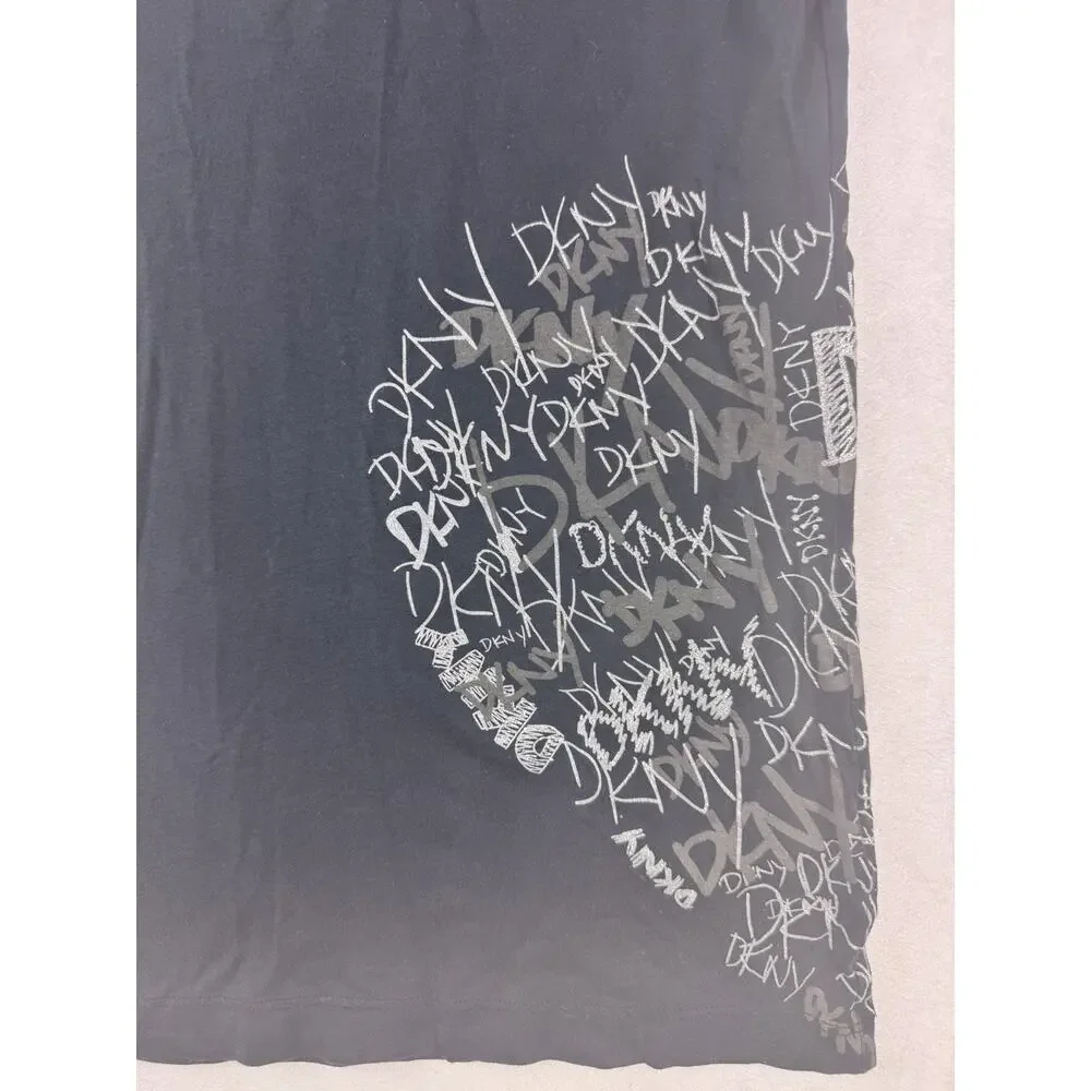 DKNY Black V-Neck T-Shirt Graffiti Style Graphic Logo Print Size Medium